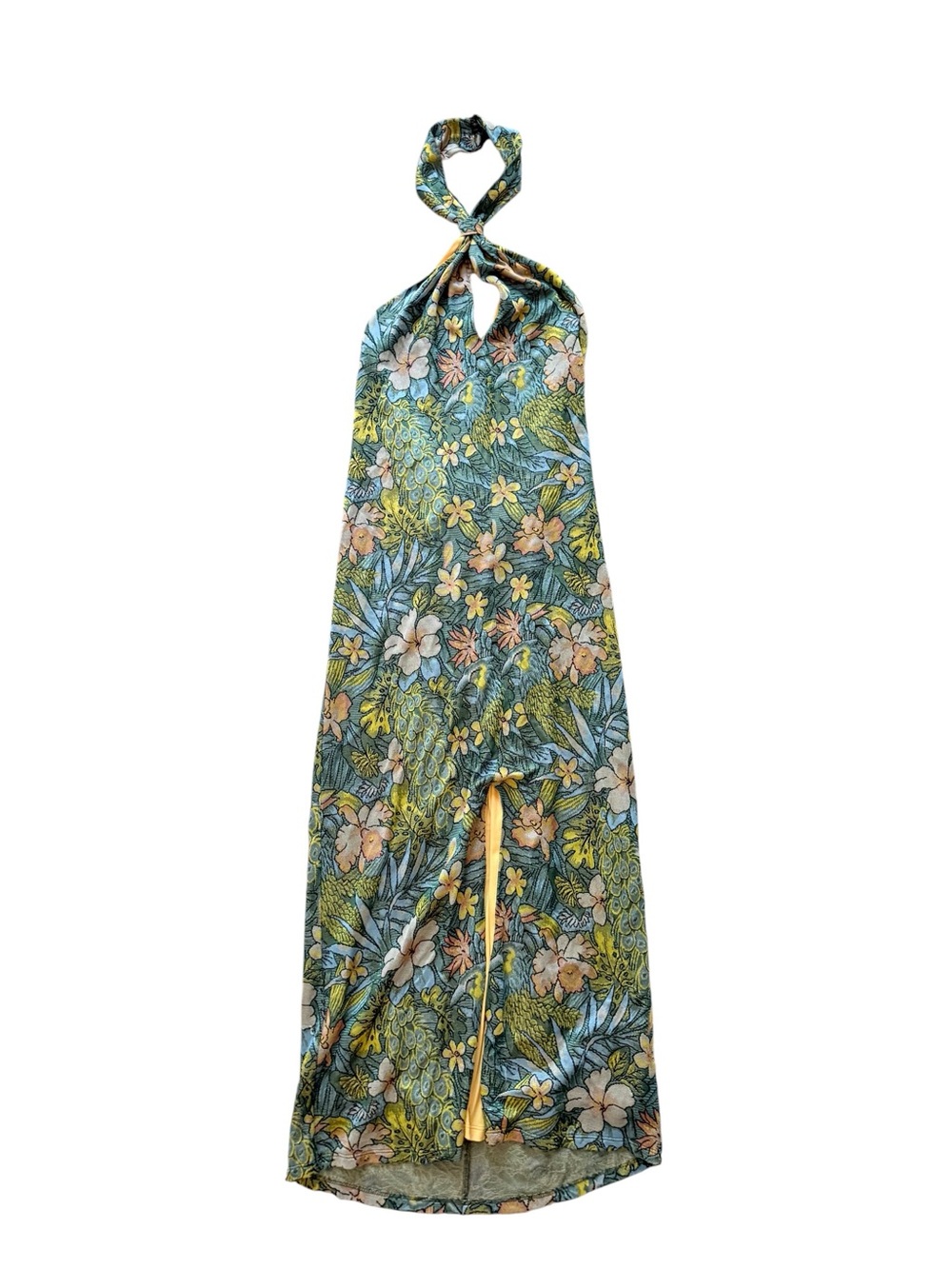 Le Superbe Tropical Peacock Floral Jacquard Halter Maxi Dress Size Small